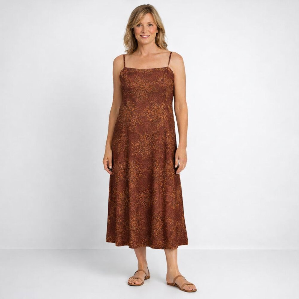 Peruvian Connection Women Pima Cotton Midi Dress Size 8 Maroon Boho Artsy Earthy